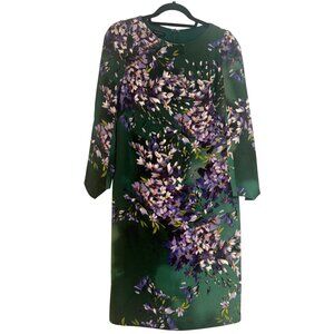 Escada Green & Purple Floral Silk Long Sleeve Mid Dress, Size 34 (US 4)